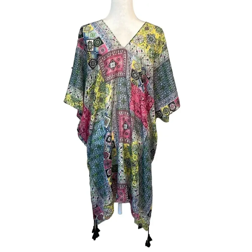 NWT Subtle Luxury Pool To Party Print Sheer Handkerchief Hem Coverup Kaftan O/S - Picture 6 of 9